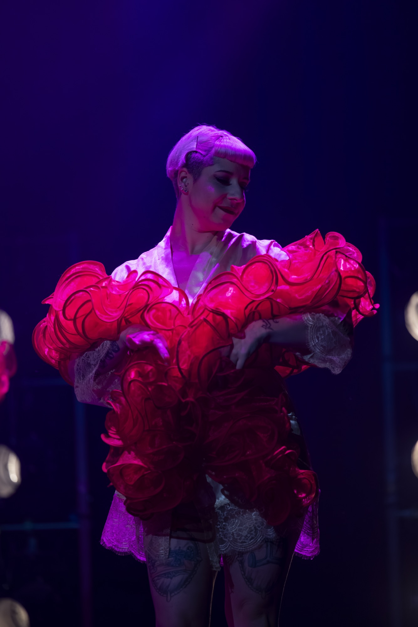 Danseuse en costume de plumes sur scène